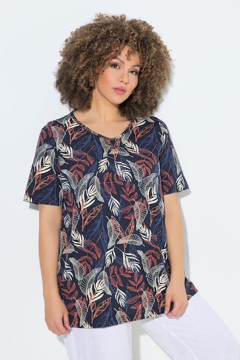 T-shirt motif feuilles, petits plis, décolleté en V et manches courtes, coupe évasée