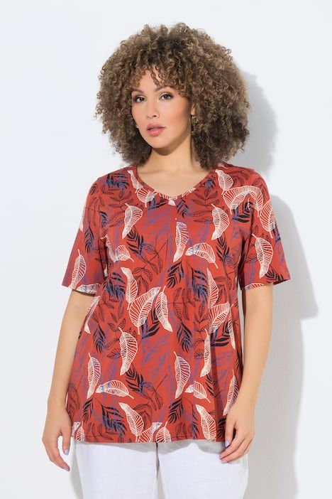 T-shirt motif feuilles, petits plis, décolleté en V et manches courtes, coupe évasée