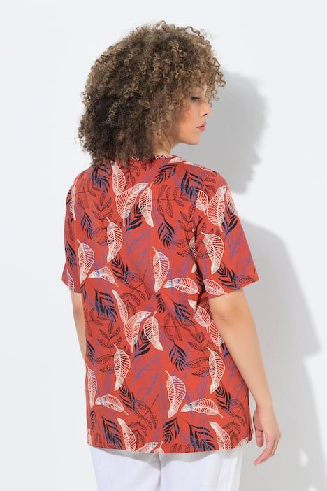 T-shirt motif feuilles, petits plis, décolleté en V et manches courtes, coupe évasée