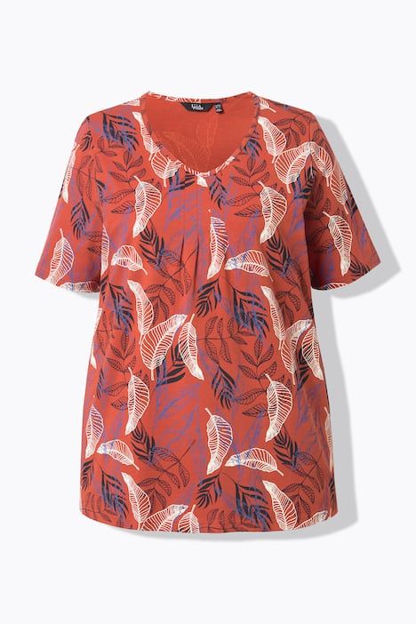 T-shirt motif feuilles, petits plis, décolleté en V et manches courtes, coupe évasée