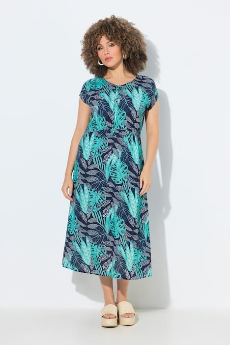 Robe midi motif à feuilles, manches courtes et décolleté en V, coupe évasée