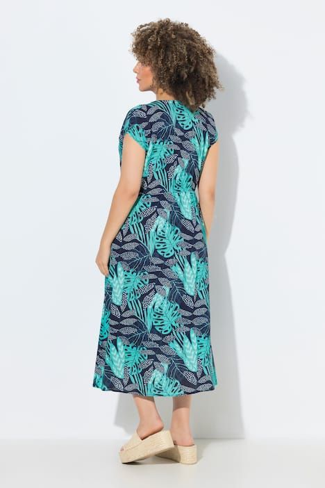 Robe midi motif à feuilles, manches courtes et décolleté en V, coupe évasée