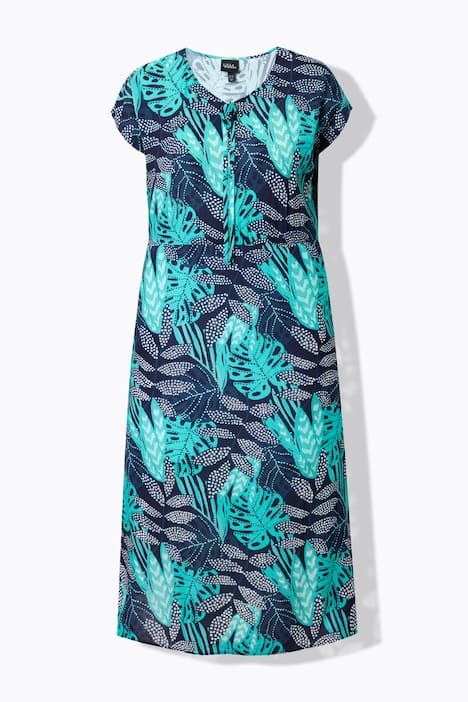 Robe midi motif à feuilles, manches courtes et décolleté en V, coupe évasée