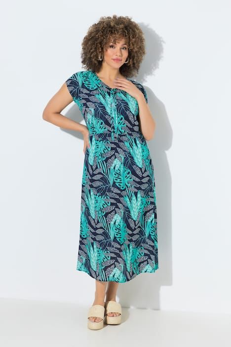 Robe midi motif à feuilles, manches courtes et décolleté en V, coupe évasée