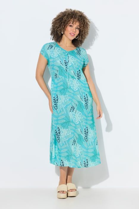 Robe midi motif à feuilles, manches courtes et décolleté en V, coupe évasée