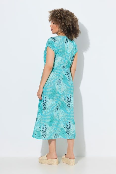 Robe midi motif à feuilles, manches courtes et décolleté en V, coupe évasée