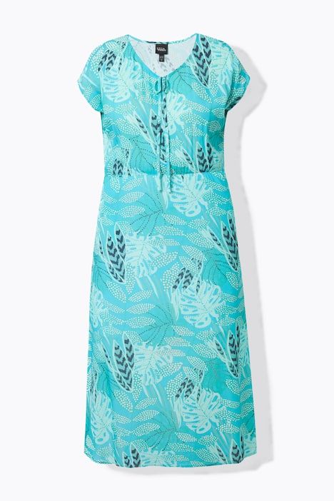 Robe midi motif à feuilles, manches courtes et décolleté en V, coupe évasée