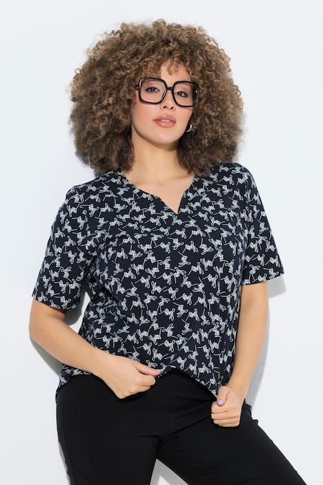 T-shirt avec motif, manches courtes et col tunisien, coupe évasée