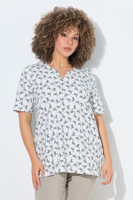 T-shirt avec motif, manches courtes et col tunisien, coupe évasée
