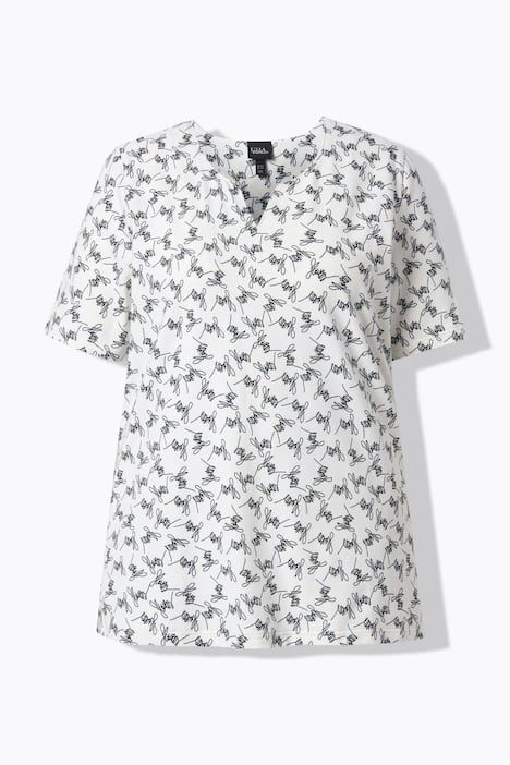 T-shirt avec motif, manches courtes et col tunisien, coupe évasée