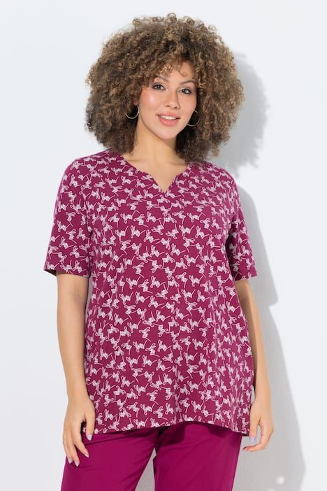 T-shirt avec motif, manches courtes et col tunisien, coupe évasée