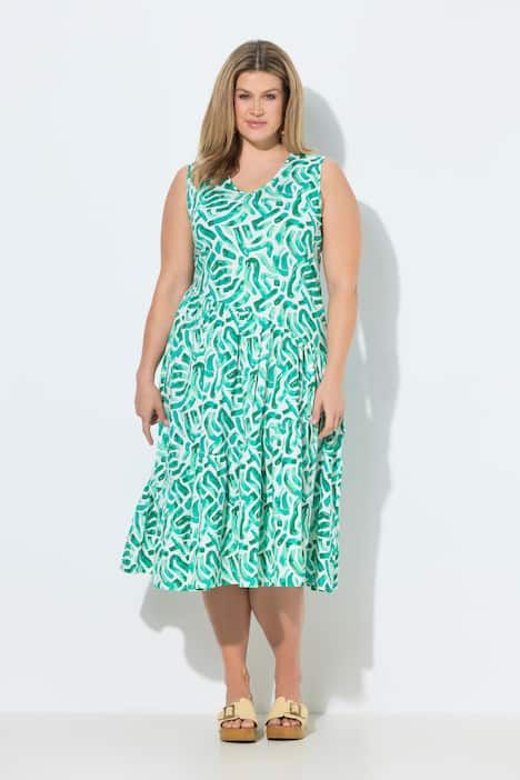 Robe midi sans manches, volants en biais, décolleté en V et coupe évasée