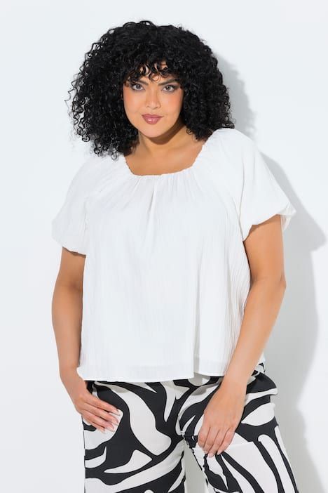 Blouse oversize doublée, décolleté Carmen et manches courtes