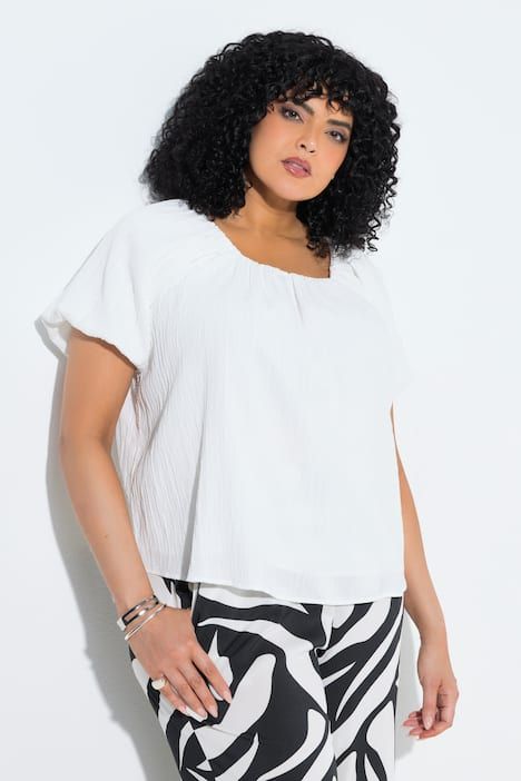 Blouse oversize doublée, décolleté Carmen et manches courtes