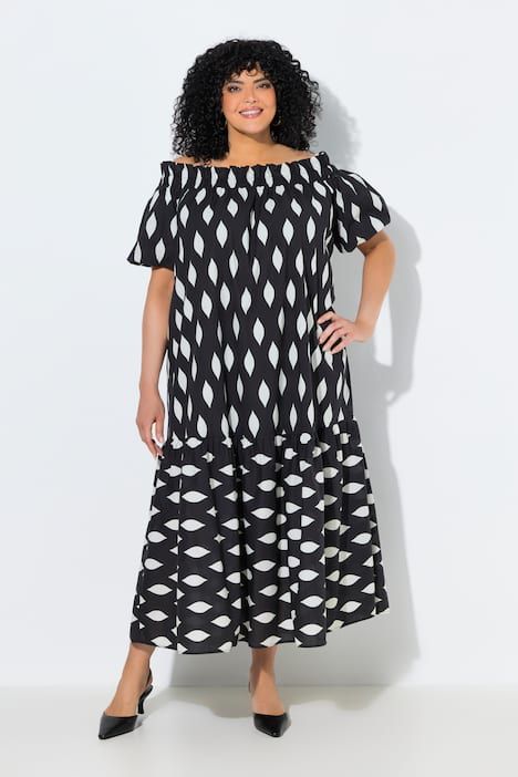 Robe maxi motif alvéoles, décolleté Carmen et manches courtes ballon