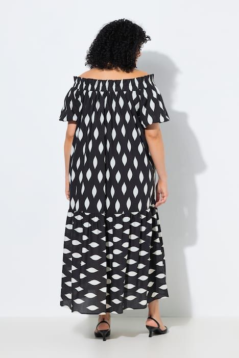 Robe maxi motif alvéoles, décolleté Carmen et manches courtes ballon