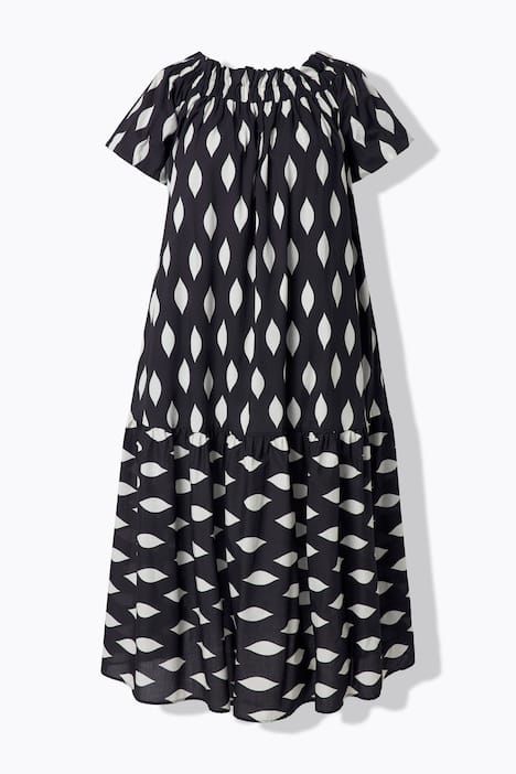 Robe maxi motif alvéoles, décolleté Carmen et manches courtes ballon