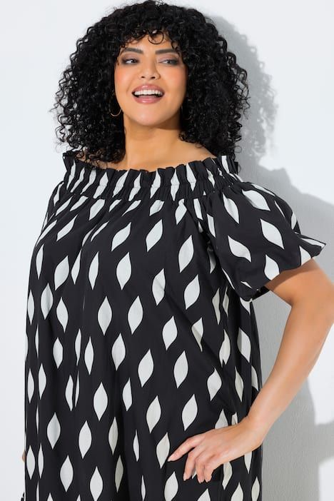 Robe maxi motif alvéoles, décolleté Carmen et manches courtes ballon