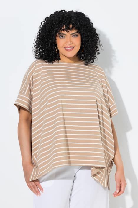 Poncho oversize, motif à rayures et col rond