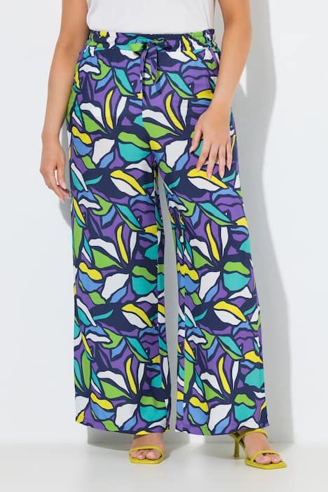 Pantalon motif feuilles, jambe droite et large, taille élastique