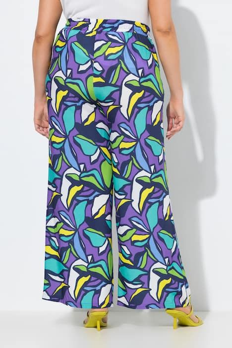 Pantalon motif feuilles, jambe droite et large, taille élastique