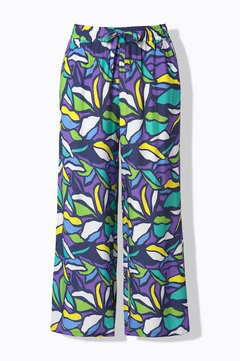 Pantalon motif feuilles, jambe droite et large, taille élastique