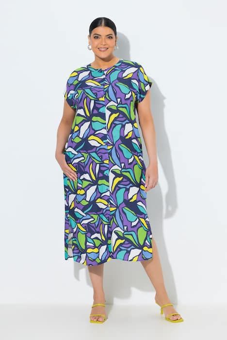 Robe midi oversize, motif feuilles, manches courtes et col rond