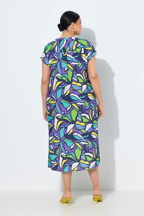 Robe midi oversize, motif feuilles, manches courtes et col rond