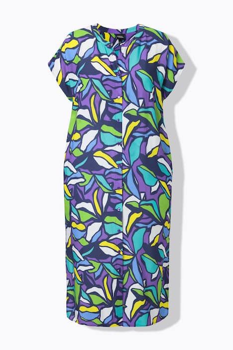 Robe midi oversize, motif feuilles, manches courtes et col rond