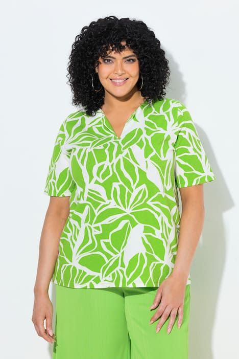 Blouse motif feuilles, décolleté en V et manches courtes