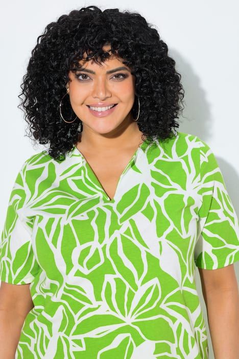 Blouse motif feuilles, décolleté en V et manches courtes