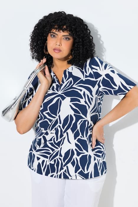 Blouse motif feuilles, décolleté en V et manches courtes