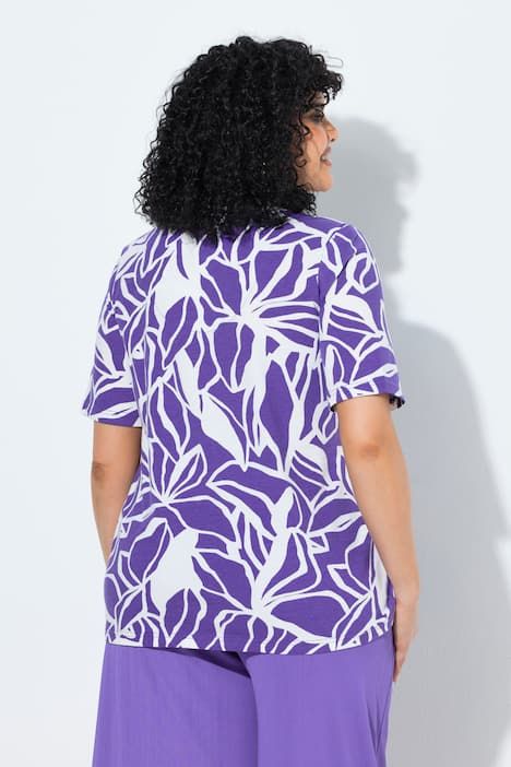 Blouse motif feuilles, décolleté en V et manches courtes