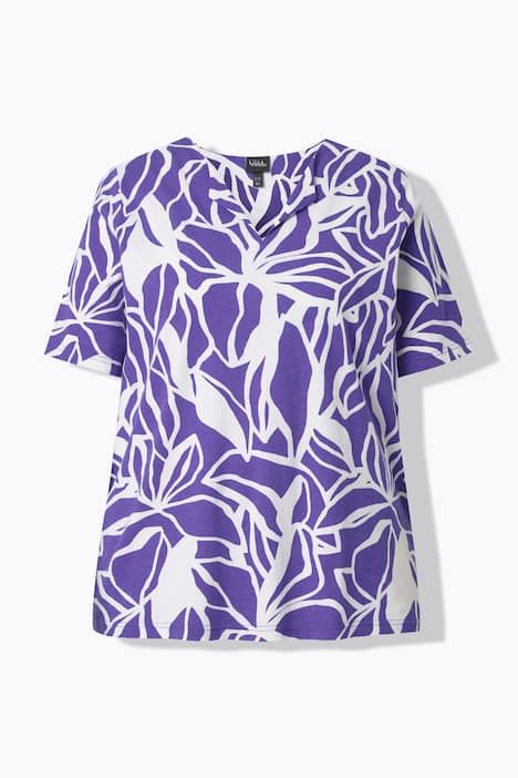 Blouse motif feuilles, décolleté en V et manches courtes