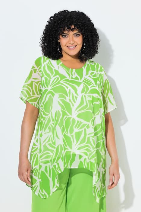 Blouse en mousseline, décolleté rond et manches courtes, fente dans le dos