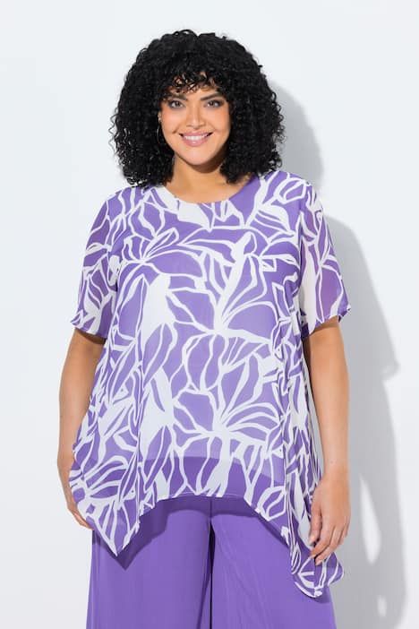 Blouse en mousseline, décolleté rond et manches courtes, fente dans le dos