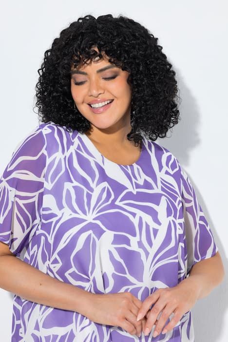 Blouse en mousseline, décolleté rond et manches courtes, fente dans le dos