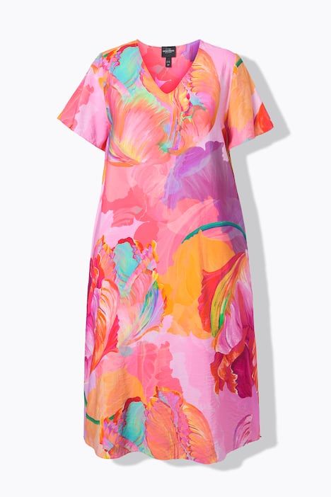 Robe midi en satin, motif floral, décolleté en V et manches courtes, coupe évasée