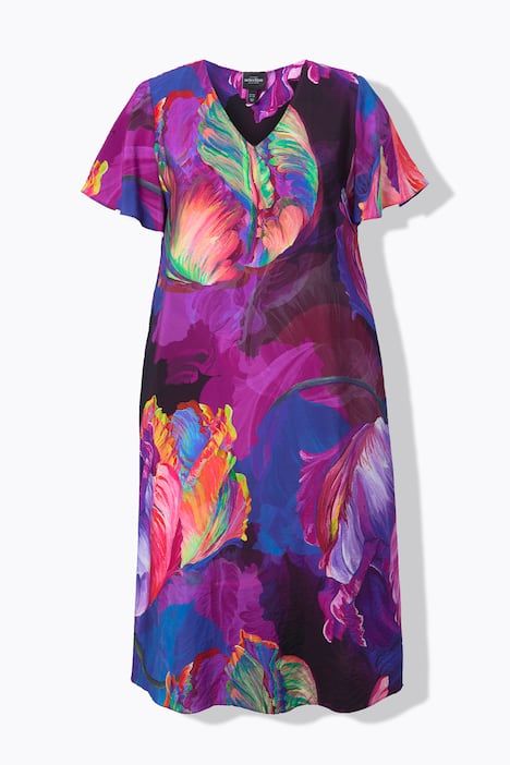 Robe midi en satin, motif floral, décolleté en V et manches courtes, coupe évasée