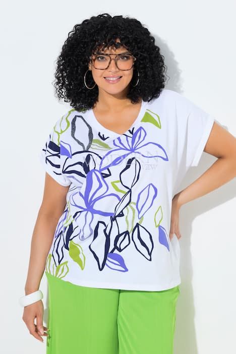 T-shirt oversize, imprimé feuilles, décolleté rond et manches courtes