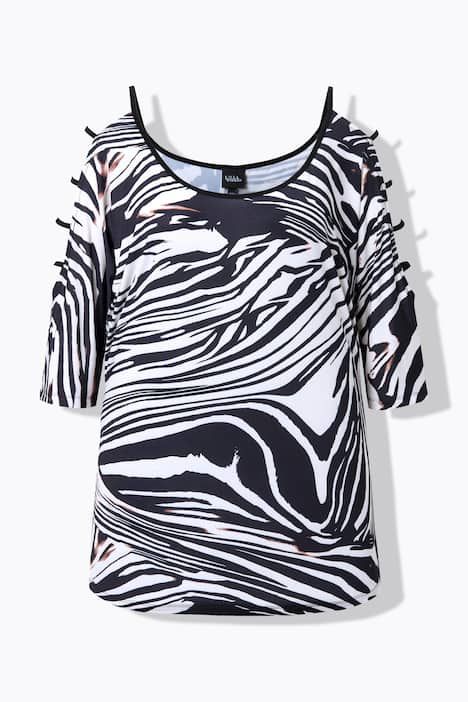 T-shirt motif zébré, avec découpes, décolleté rond et manches 3/4