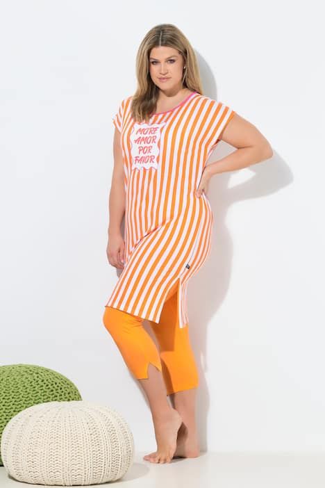 Chemise de nuit/grand T-shirt, rayures et message, manches évasées