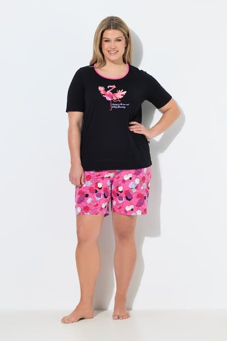 Pyjama deux pièces, short + T-shirt décolleté rond, manches courtes et motif flamand rose