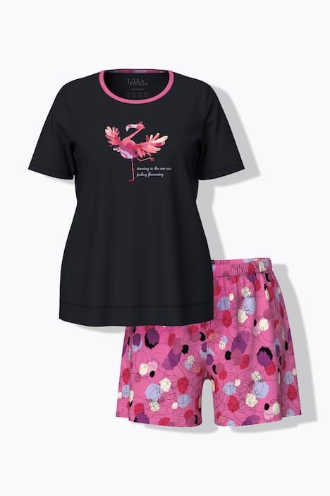 Pyjama deux pièces, short + T-shirt décolleté rond, manches courtes et motif flamand rose