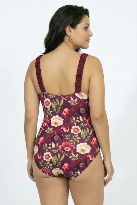 Maillot de bain, bonnets souples, motif floral et bretelles « scrunchie », matière recyclée