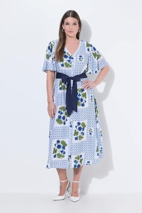 Robe maxi carreaux/fleurs, décolleté en V et manches courtes