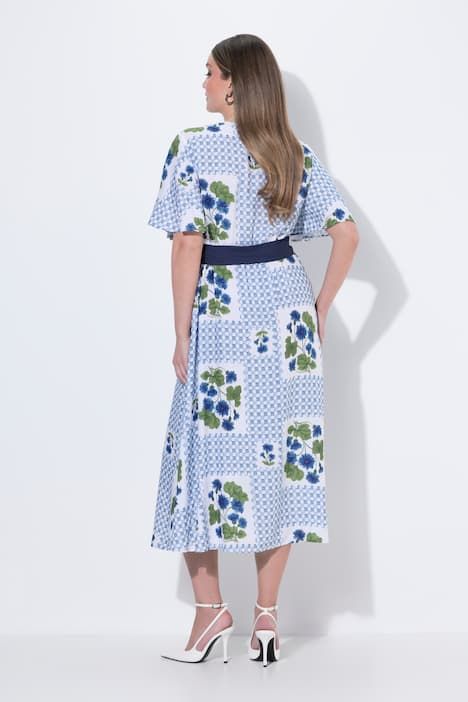 Robe maxi carreaux/fleurs, décolleté en V et manches courtes