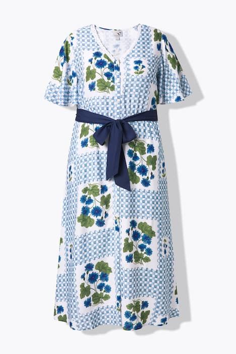 Robe maxi carreaux/fleurs, décolleté en V et manches courtes