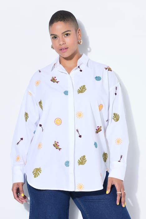 Chemisier coupe oversize, broderie all-over et manches longues
