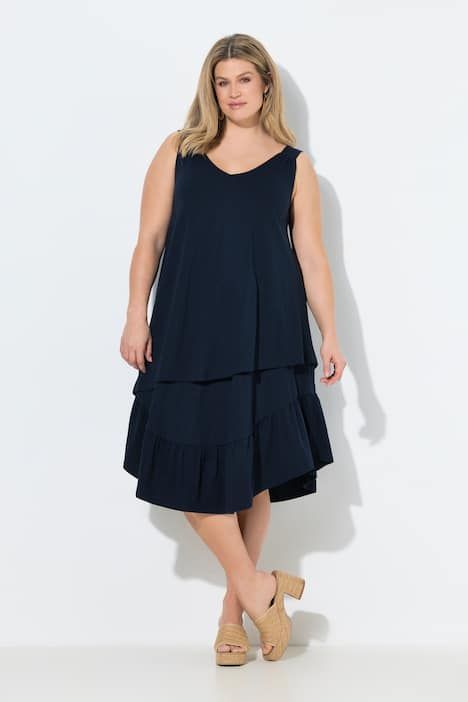 Robe midi en coton bio texturé, décolleté en V, sans manches